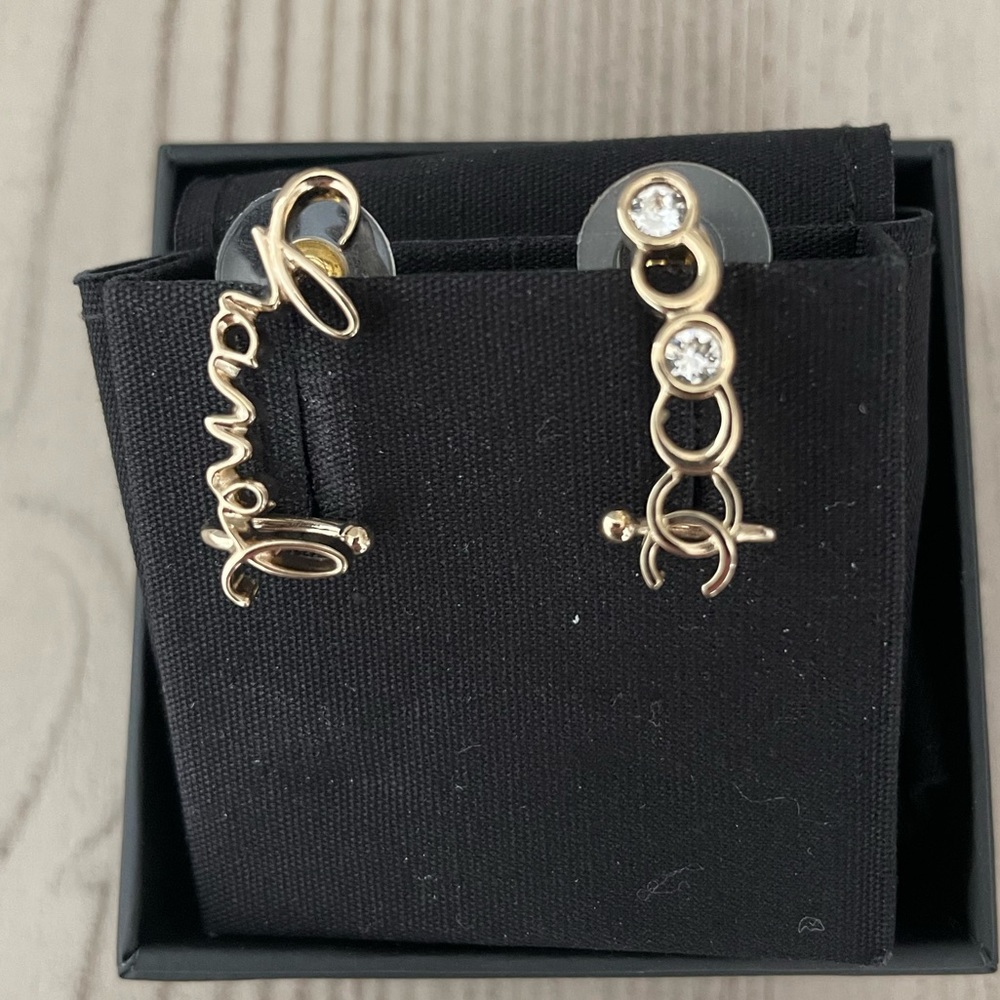 CHANEL Metal Crystal Coco Script CC Climber Earrings Gold